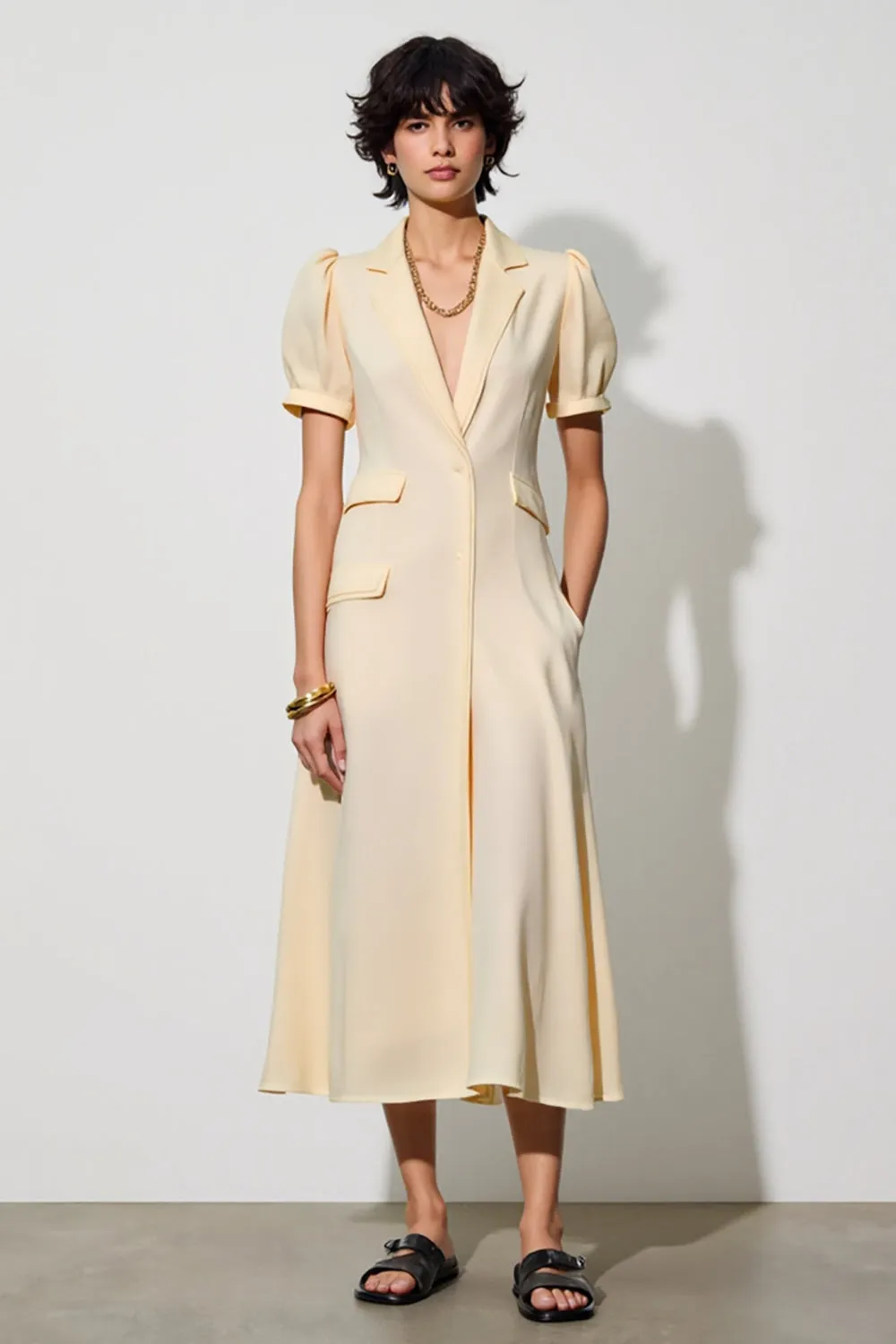 Ivory Shawl Lapel Midi Pocket Work Dress with Puff Sleeves sold by Zapaka