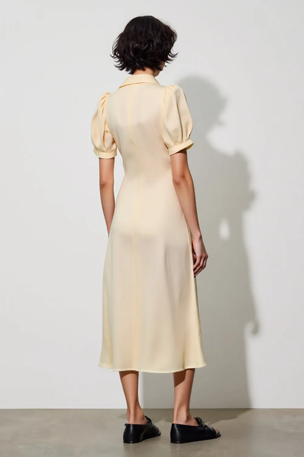 Ivory Shawl Lapel Midi Pocket Work Dress with Puff Sleeves sold by Zapaka product image thumbnail 2