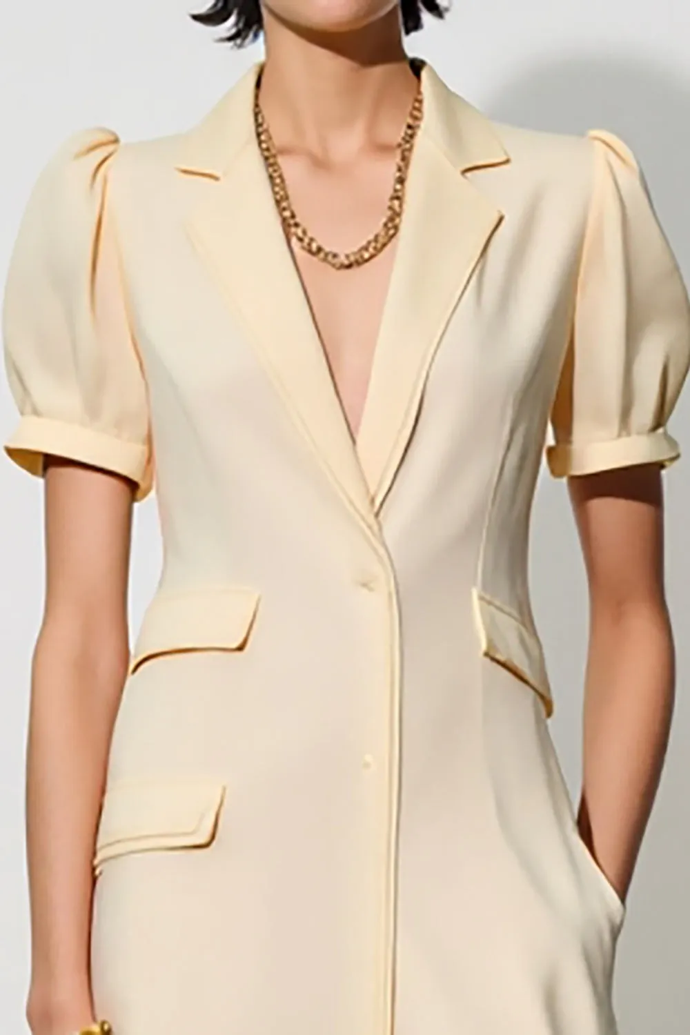 Ivory Shawl Lapel Midi Pocket Work Dress with Puff Sleeves sold by Zapaka product image thumbnail 3