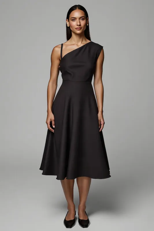 A Line Asymmetrical Midi Black Work Dress sold by Zapaka