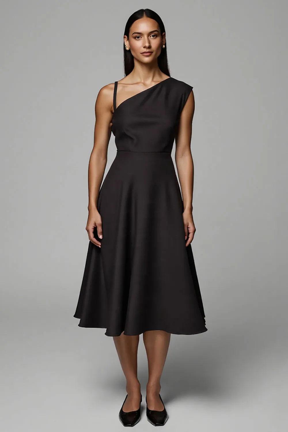 A Line Asymmetrical Midi Black Work Dress sold by Zapaka