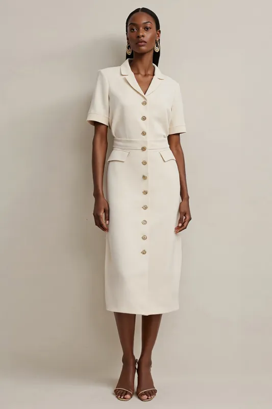 Sheath Ivory Notched Lapel Single Breasted Work Dress sold by Zapaka