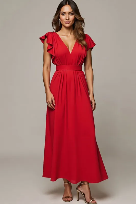 Red A Line V Neck Ruffled Work Dress sold by Zapaka