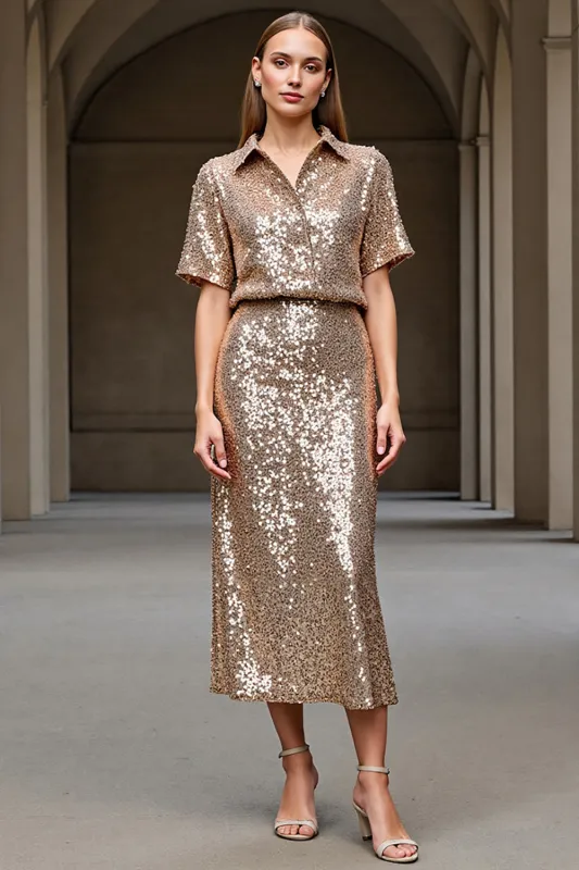 Sheath Lapel Midi Champagne Work Dress With Sequins sold by Zapaka