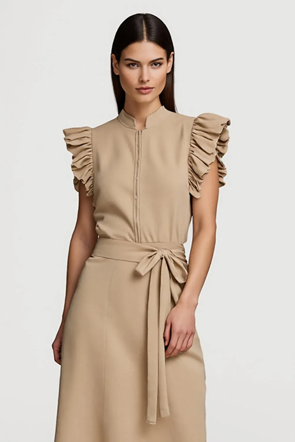 A Line Khaki Ruffled Midi Work Dress With Sash sold by Zapaka product image thumbnail 3