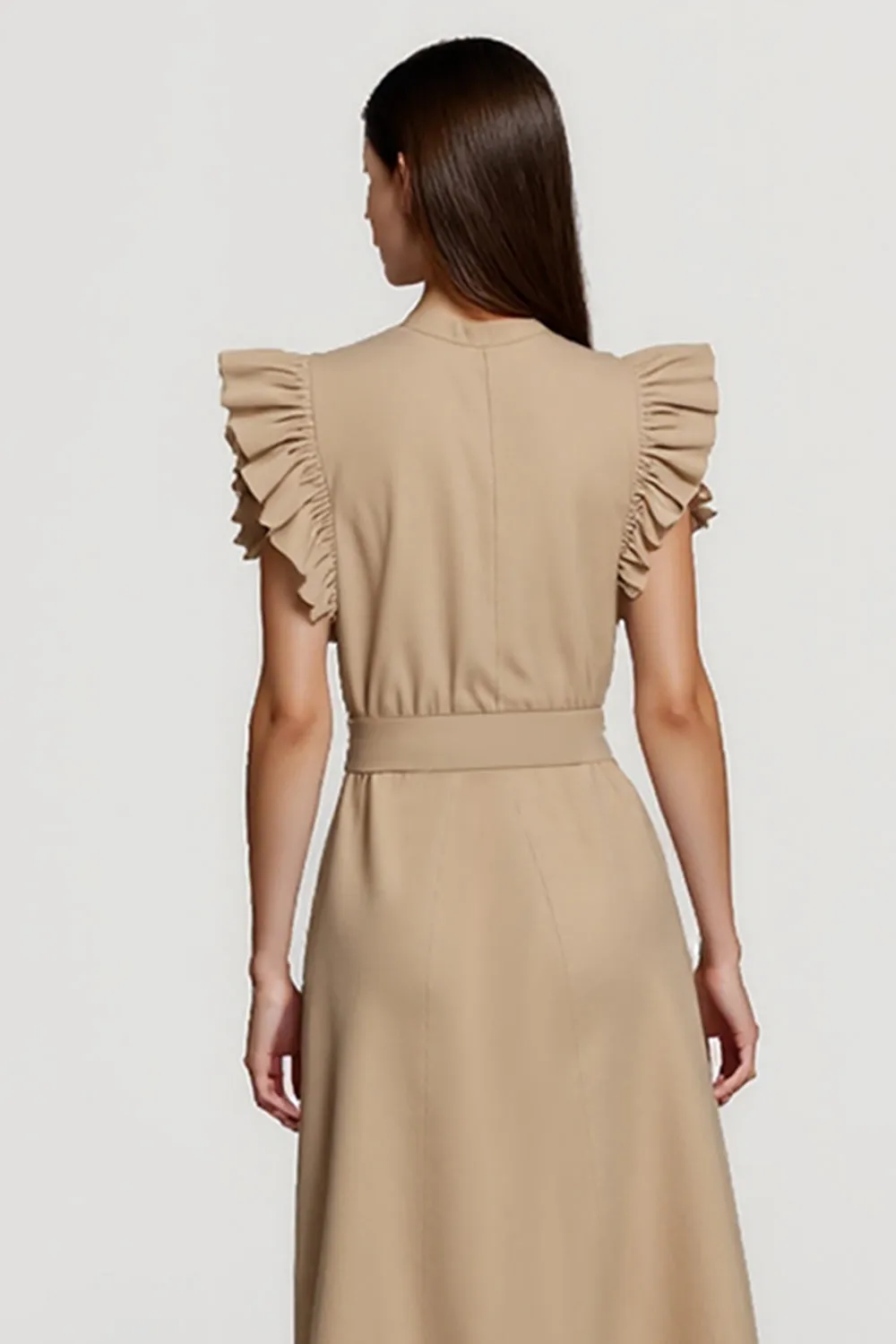 A Line Khaki Ruffled Midi Work Dress With Sash sold by Zapaka product image thumbnail 4