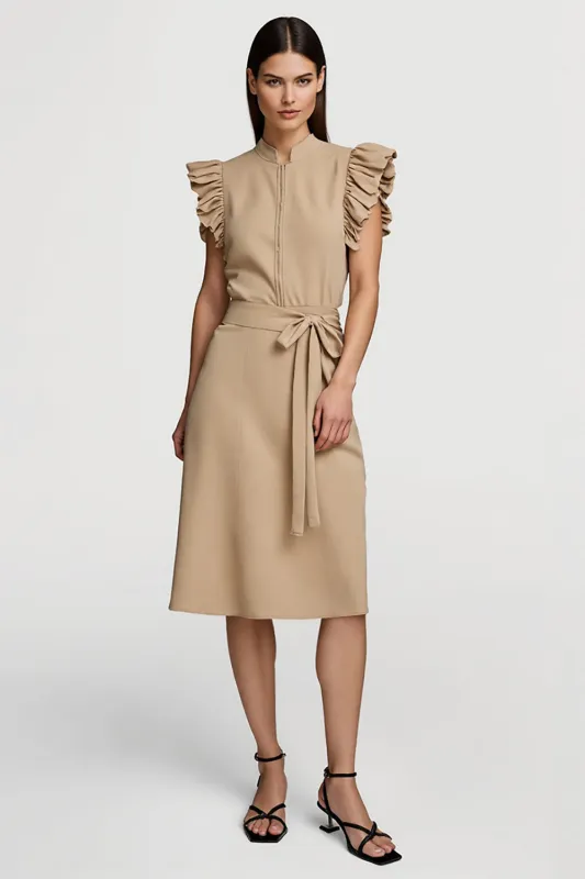A Line Khaki Ruffled Midi Work Dress With Sash sold by Zapaka