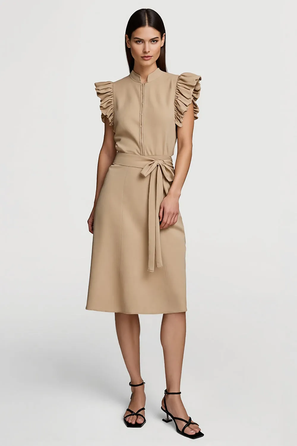 A Line Khaki Ruffled Midi Work Dress With Sash sold by Zapaka