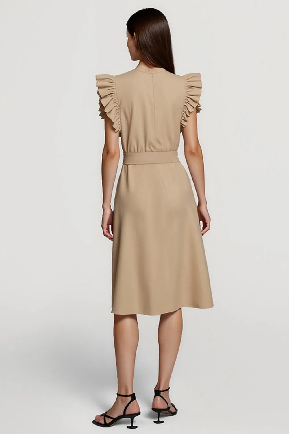 A Line Khaki Ruffled Midi Work Dress With Sash sold by Zapaka product image thumbnail 2