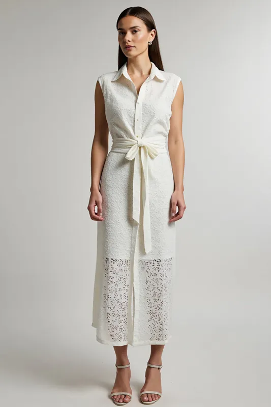 Lace Lapel A Line Ivory Work Dress With Sash sold by Zapaka