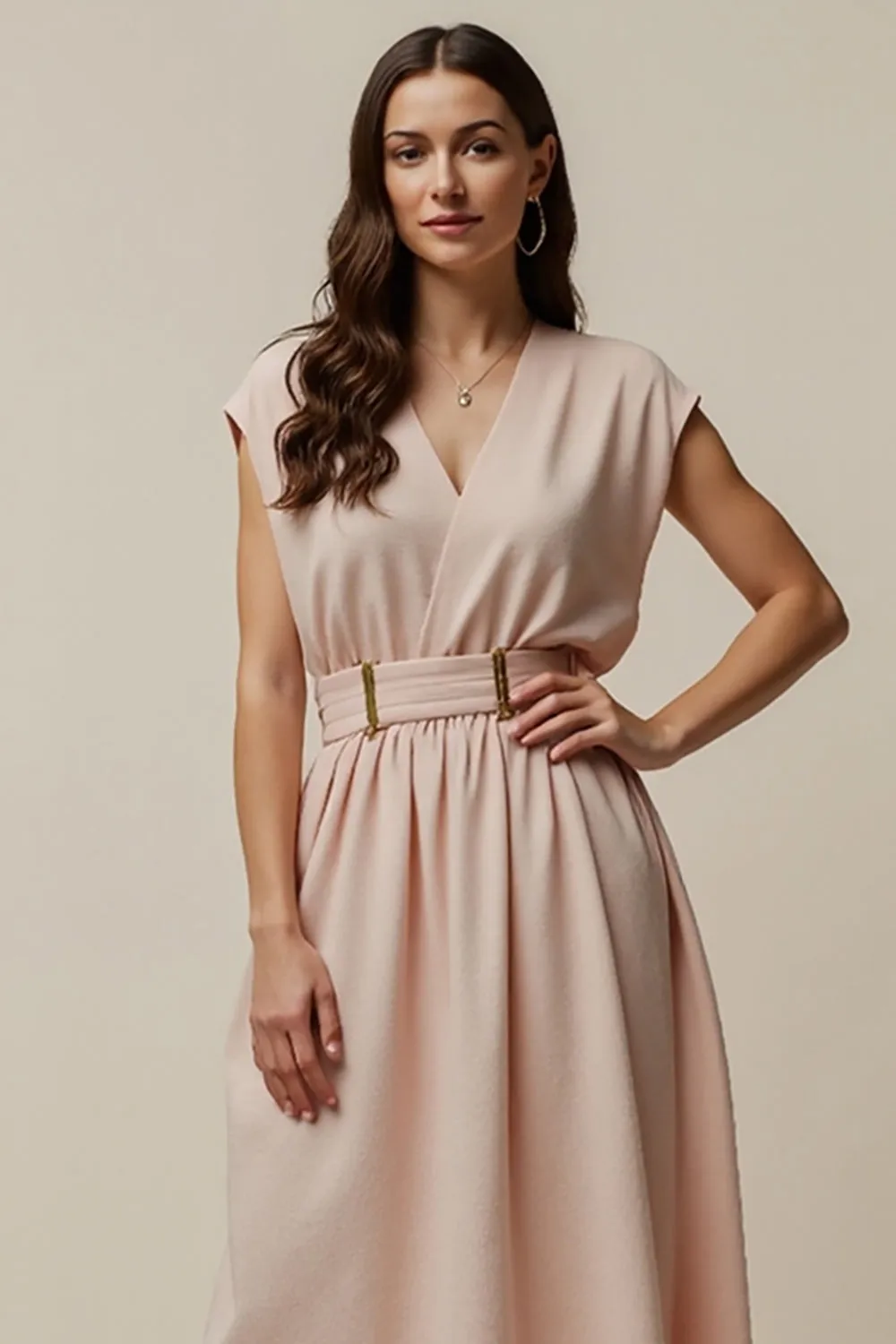 A Line V Neck Long Blush Work Dress With Belt sold by Zapaka product image thumbnail 3