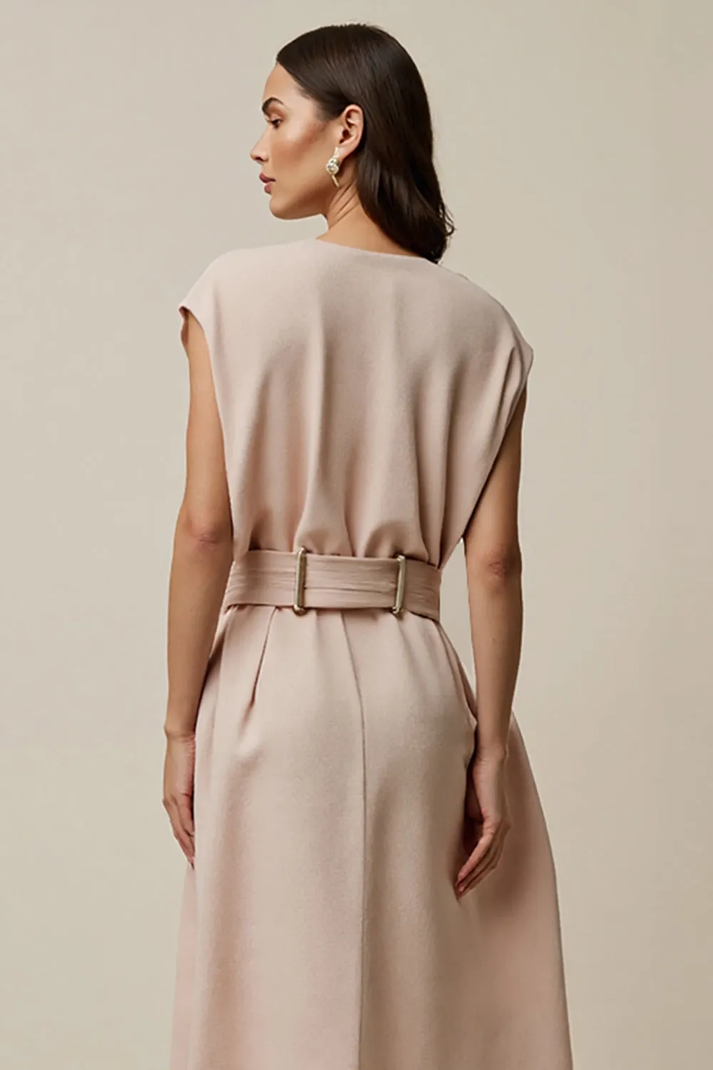 A Line V Neck Long Blush Work Dress With Belt sold by Zapaka product image thumbnail 4