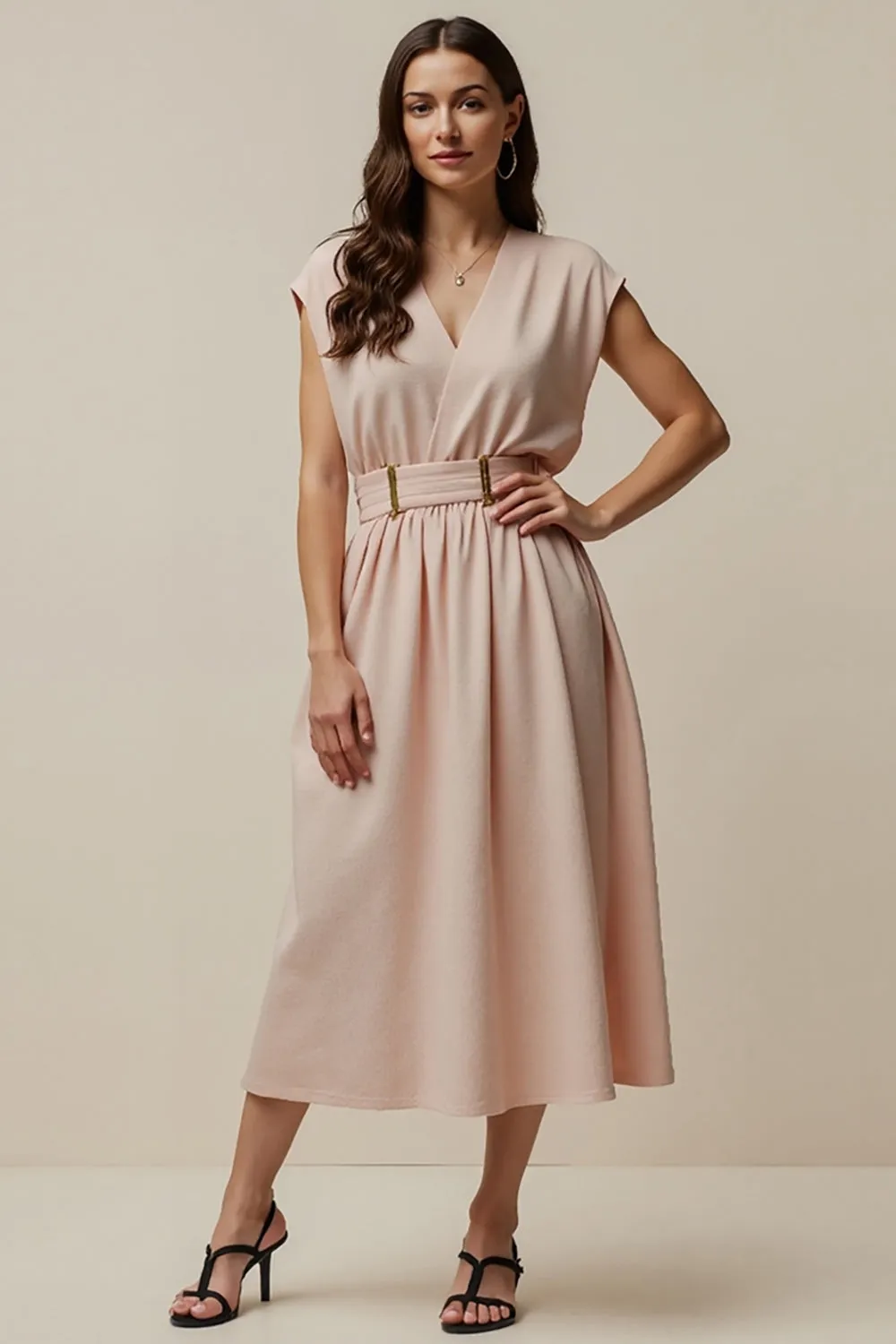 A Line V Neck Long Blush Work Dress With Belt sold by Zapaka