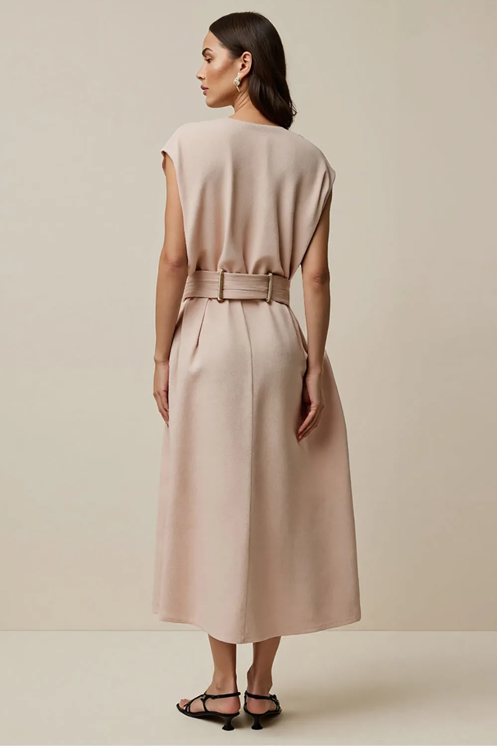 A Line V Neck Long Blush Work Dress With Belt sold by Zapaka product image thumbnail 2