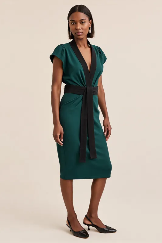 Cap Sleeve V Neck Sheath Dark Green Work Dress sold by Zapaka