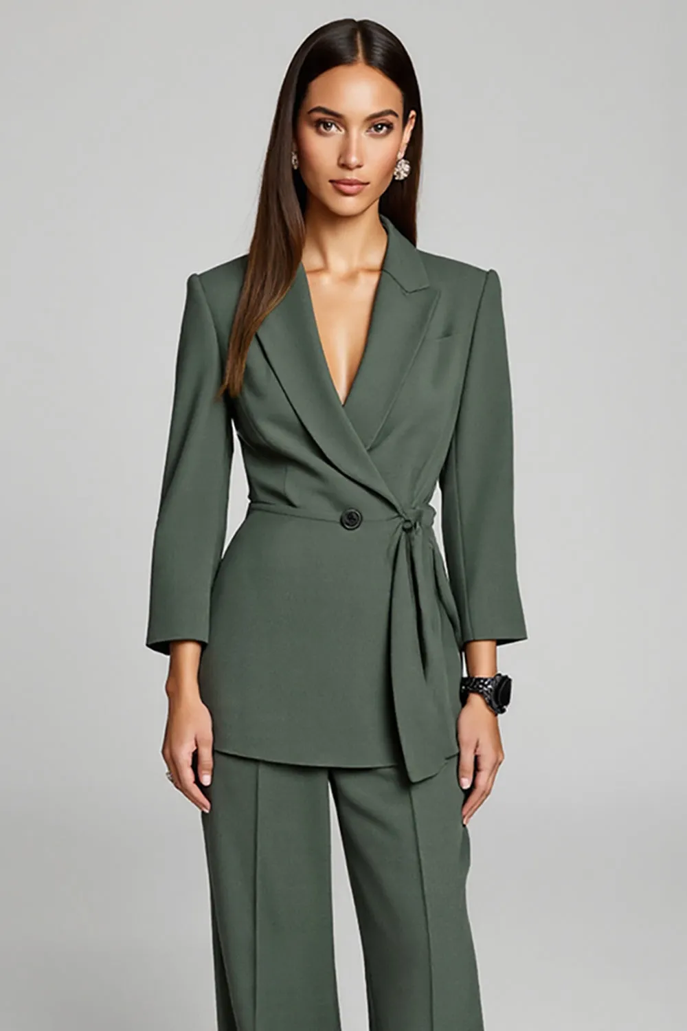 Lapel Dark Green Long Sleeve Two Piece Work Dress With Sash sold by Zapaka product image thumbnail 3
