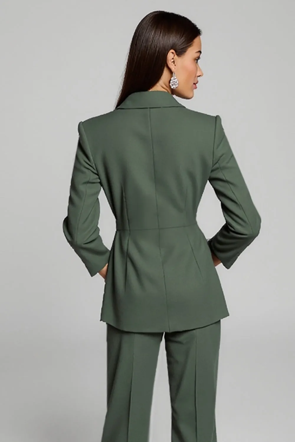 Lapel Dark Green Long Sleeve Two Piece Work Dress With Sash sold by Zapaka product image thumbnail 4
