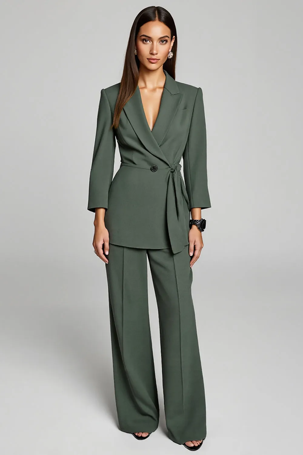 Lapel Dark Green Long Sleeve Two Piece Work Dress With Sash sold by Zapaka