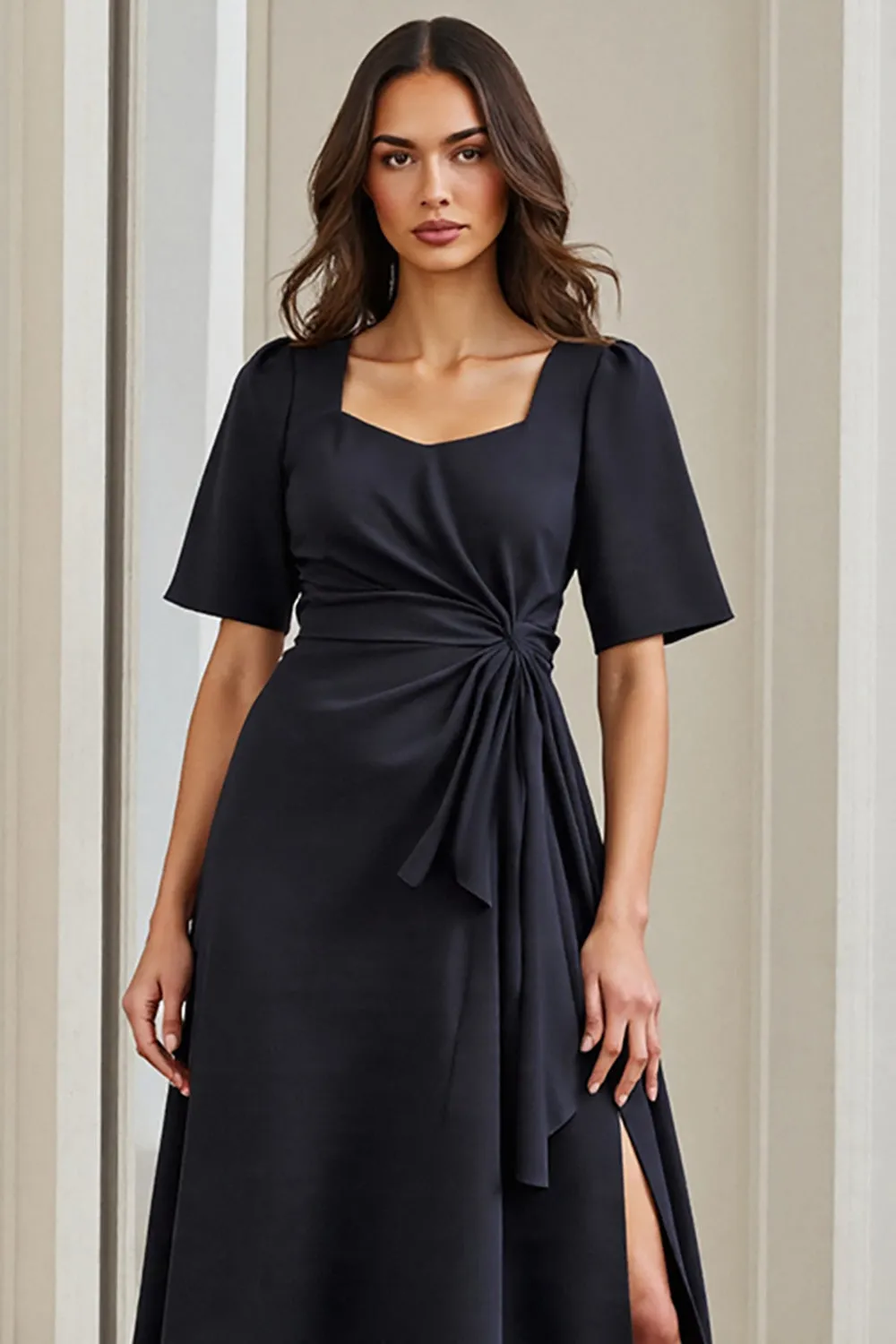 A Line Ruched Midi Navy Work Dress With Slit sold by Zapaka product image thumbnail 3
