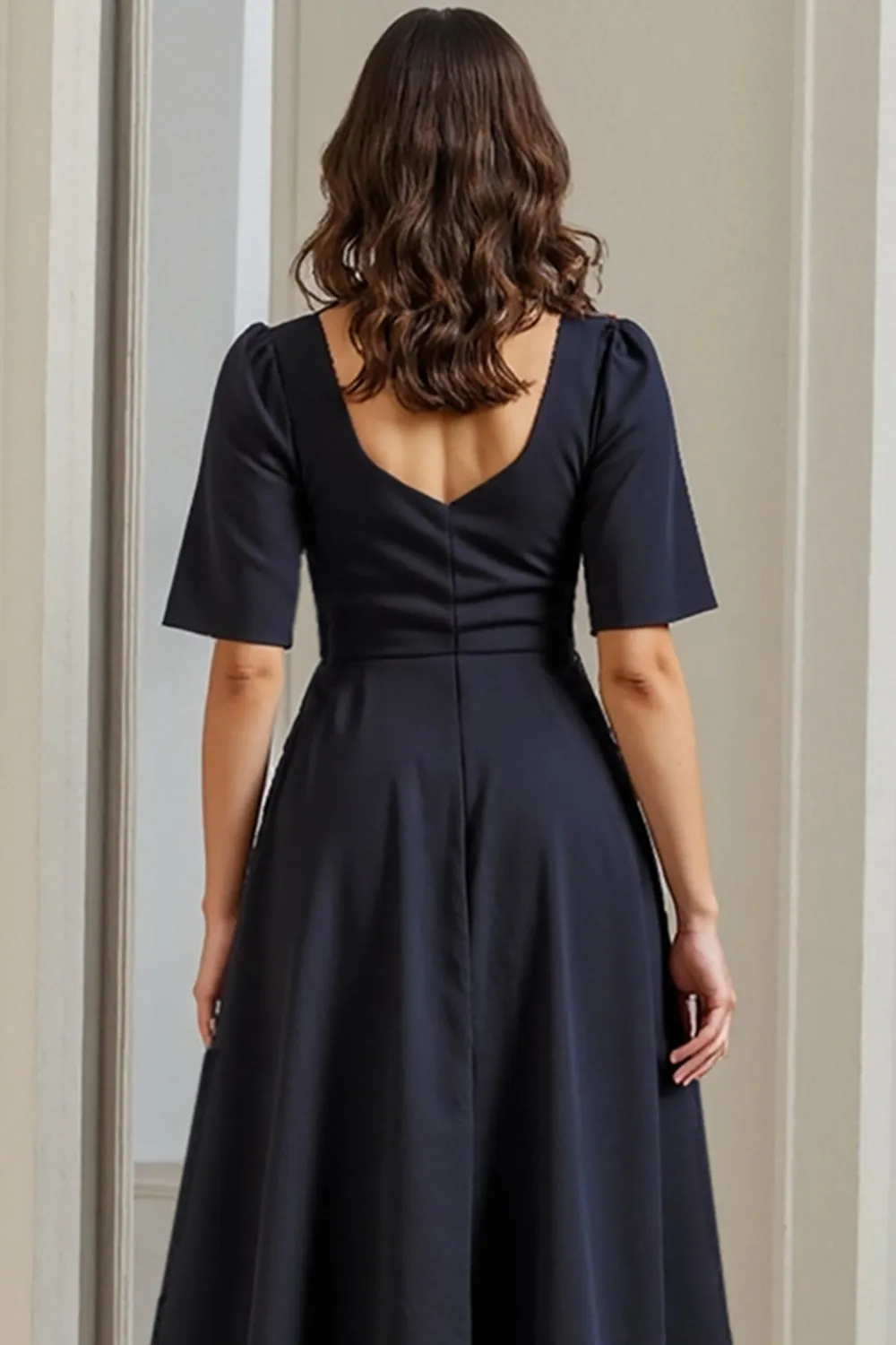 A Line Ruched Midi Navy Work Dress With Slit sold by Zapaka product image thumbnail 4