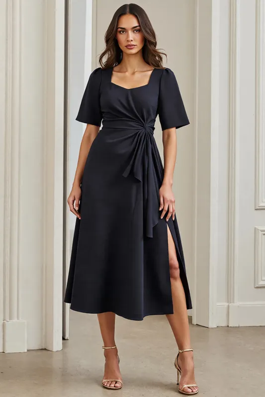 A Line Ruched Midi Navy Work Dress With Slit sold by Zapaka