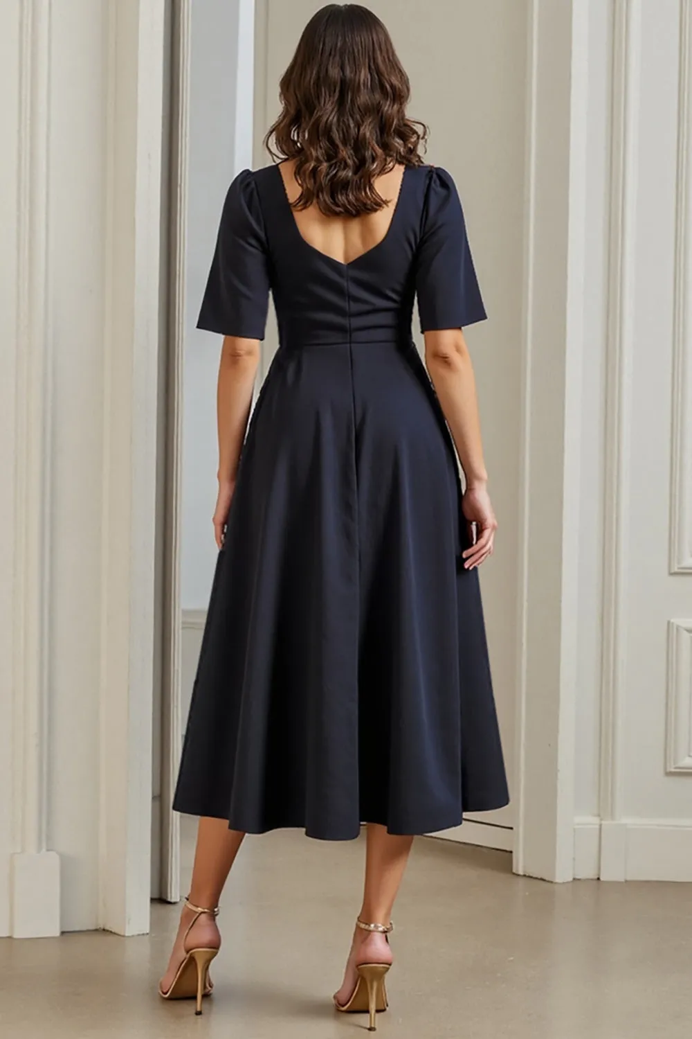 A Line Ruched Midi Navy Work Dress With Slit sold by Zapaka product image thumbnail 2