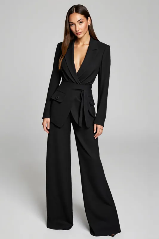 Long Sleeve Notched Lapel Black Work Dress sold by Zapaka