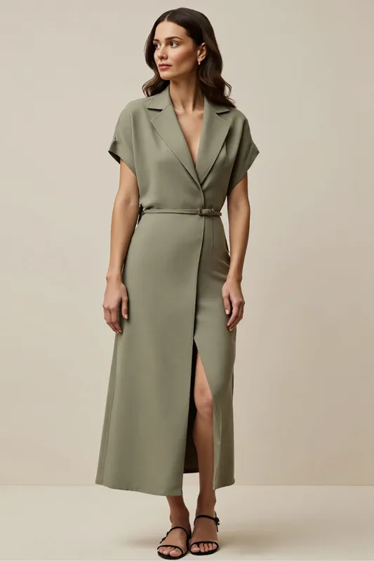 Notched Lapel Grey Green Sheath Work Dress With Slit sold by Zapaka