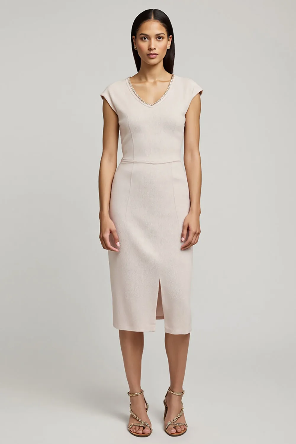 Sheath Cap Sleeve Midi Light Pink Work Dress With Slit sold by Zapaka
