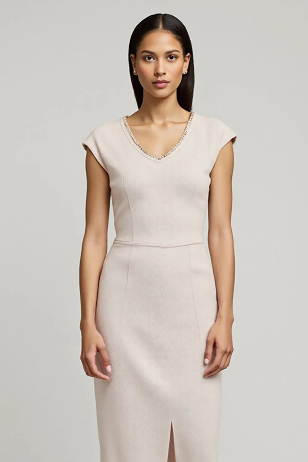 Sheath Cap Sleeve Midi Light Pink Work Dress With Slit sold by Zapaka product image thumbnail 3