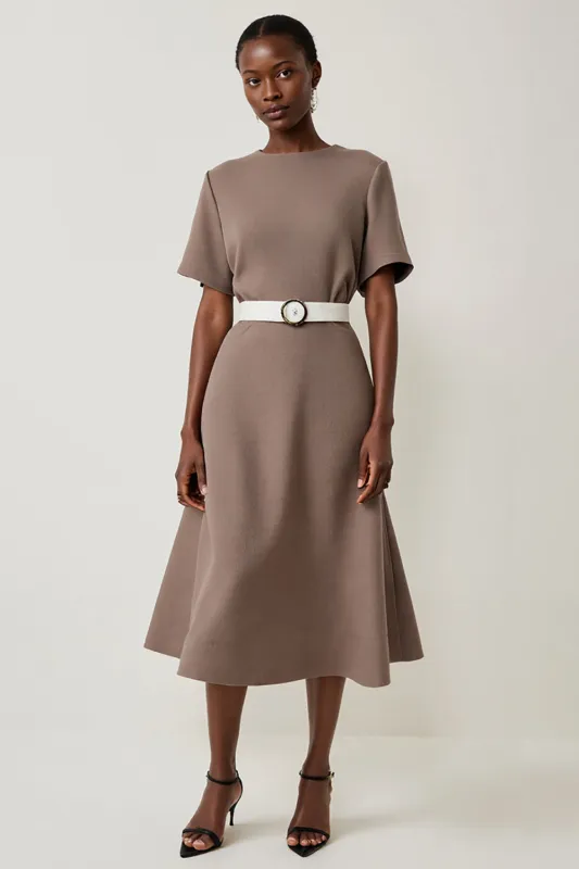 Simple A Line Grey Midi Work Dress With Belt sold by Zapaka