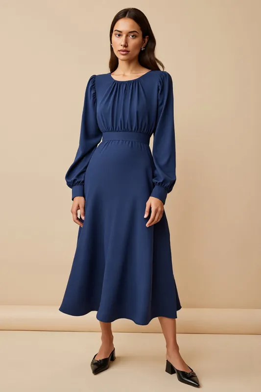 Long Sleeve Round Neck Midi Navy Work Dress sold by Zapaka