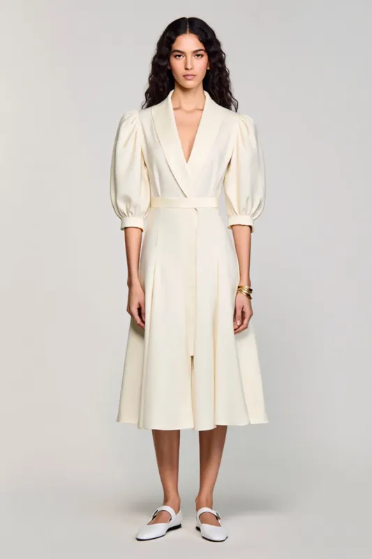 Ivory Shawl Lapel A Line Satin Midi Work Dress sold by Zapaka