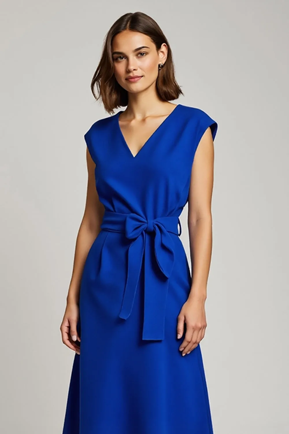 V Neck Royal Blue A Line Work Dress with Bowknot sold by Zapaka product image thumbnail 3
