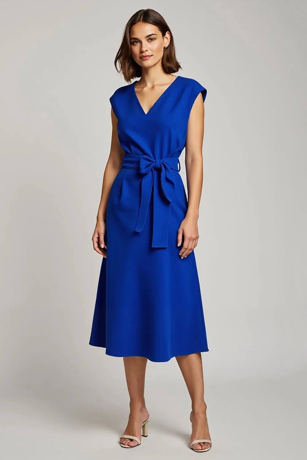 V Neck Royal Blue A Line Work Dress with Bowknot sold by Zapaka