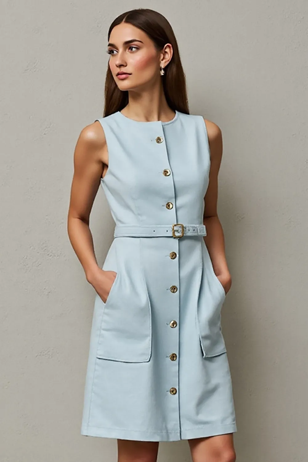 Light Blue A Line Belt Midi Work Dress sold by Zapaka product image thumbnail 3