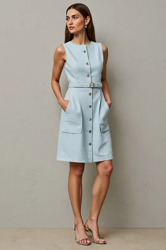 Light Blue A Line Belt Midi Work Dress sold by Zapaka