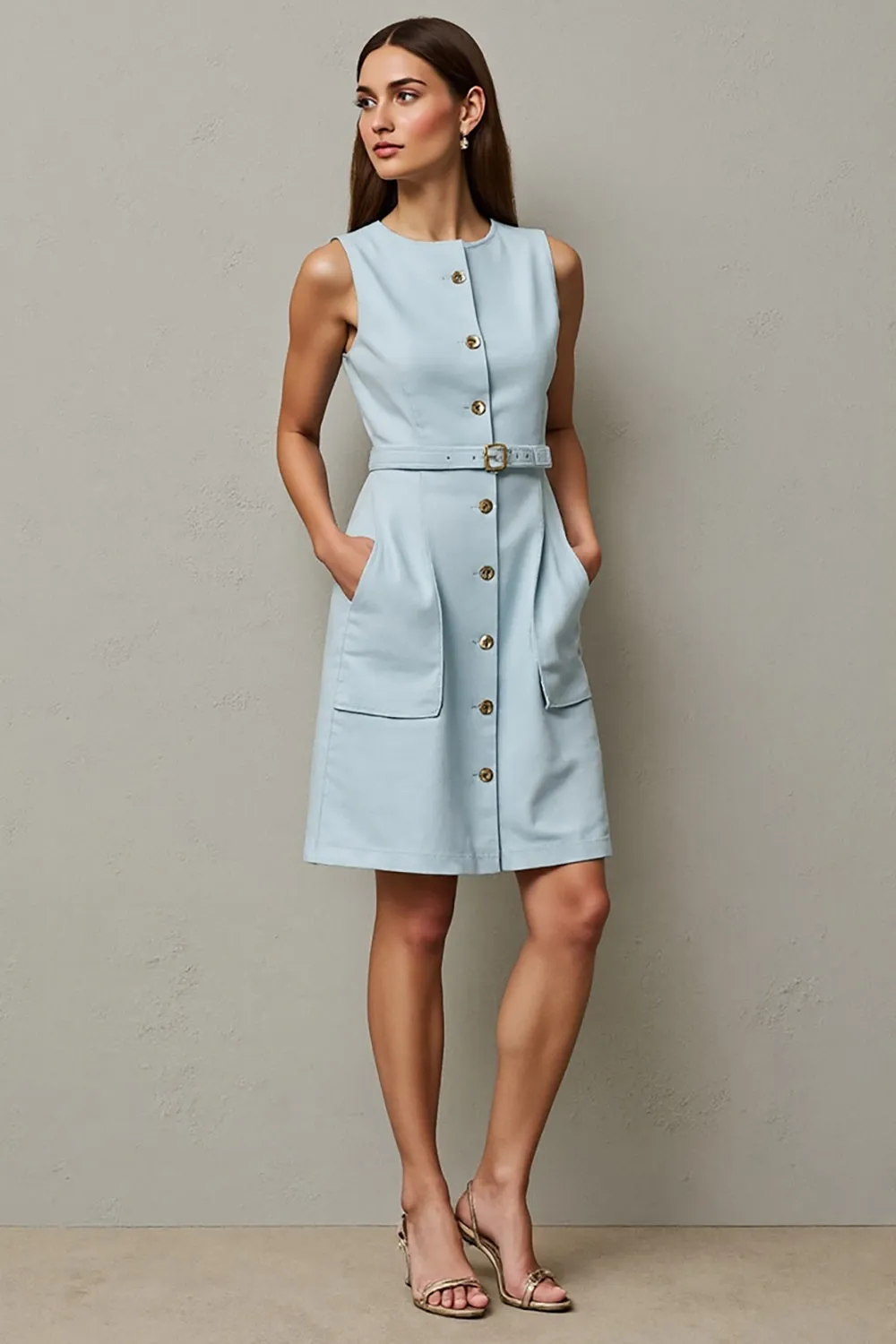 Light Blue A Line Belt Midi Work Dress sold by Zapaka