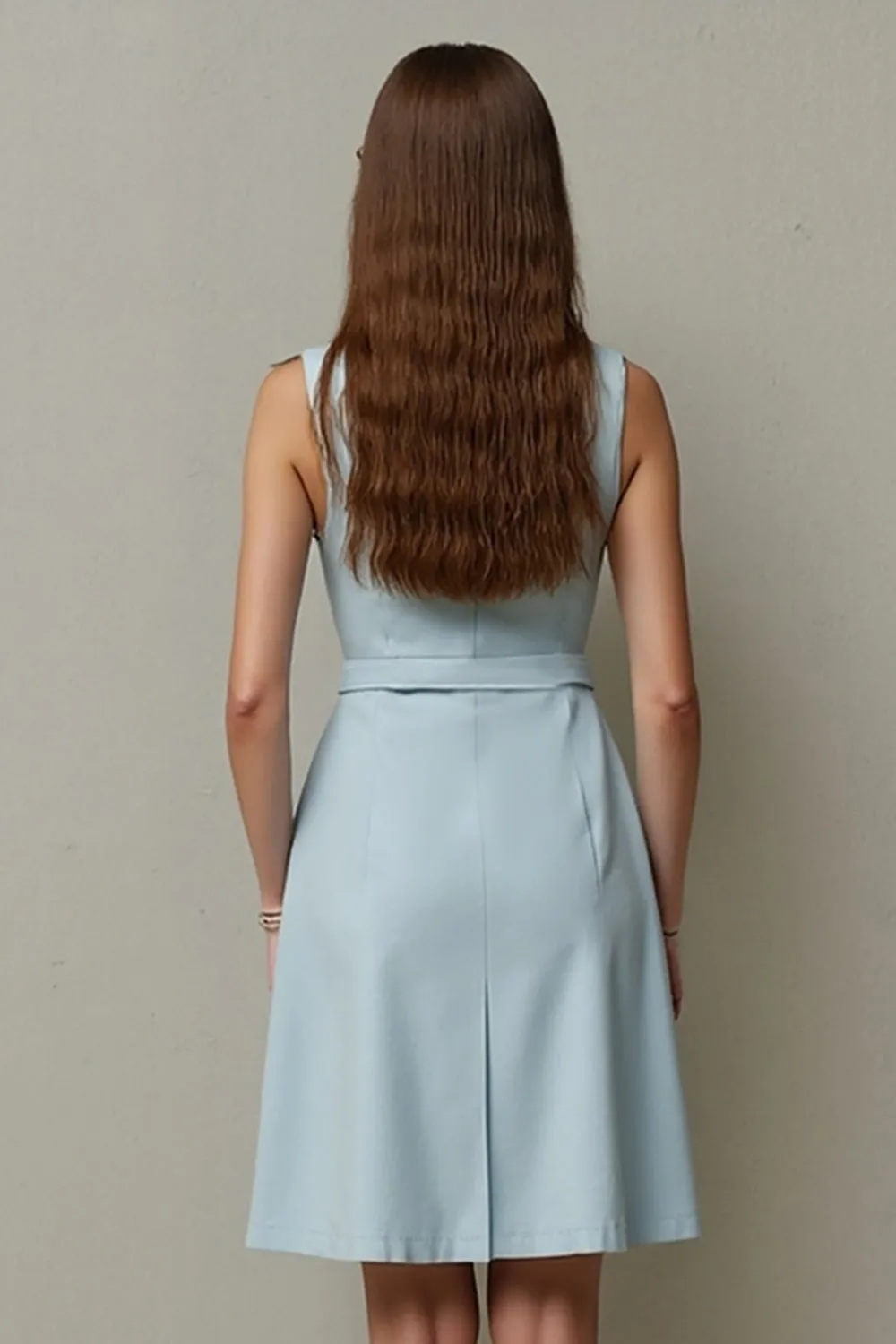 Light Blue A Line Belt Midi Work Dress sold by Zapaka product image thumbnail 4