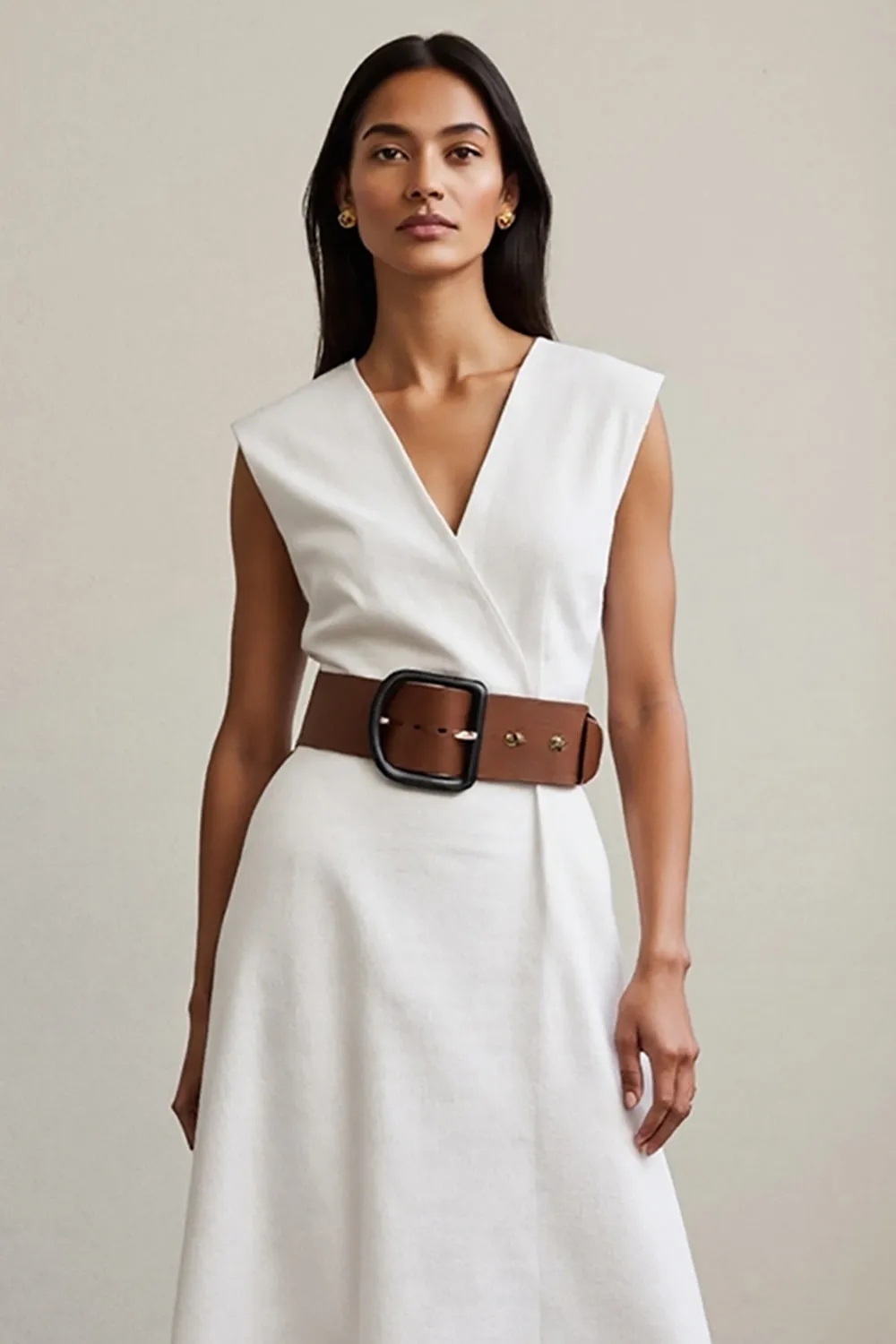V Neck A Line White Work Dress with Belt sold by Zapaka product image thumbnail 3