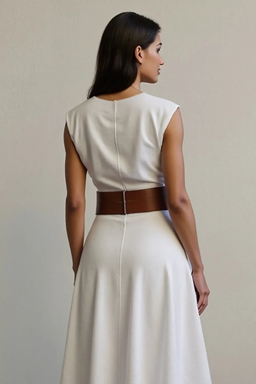 V Neck A Line White Work Dress with Belt sold by Zapaka product image thumbnail 4