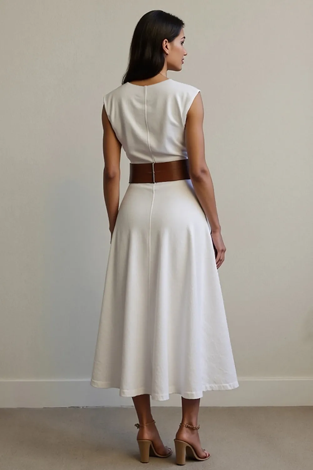 V Neck A Line White Work Dress with Belt sold by Zapaka product image thumbnail 2