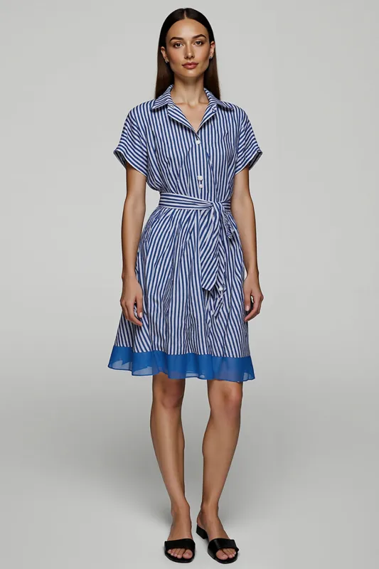 Blue Striped Chiffon Midi Work Dress with Sleeves sold by Zapaka