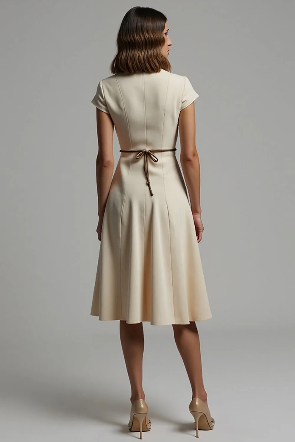 Apricot Satin Notched Lapel Midi Work Dress with Sleeves sold by Zapaka product image thumbnail 2