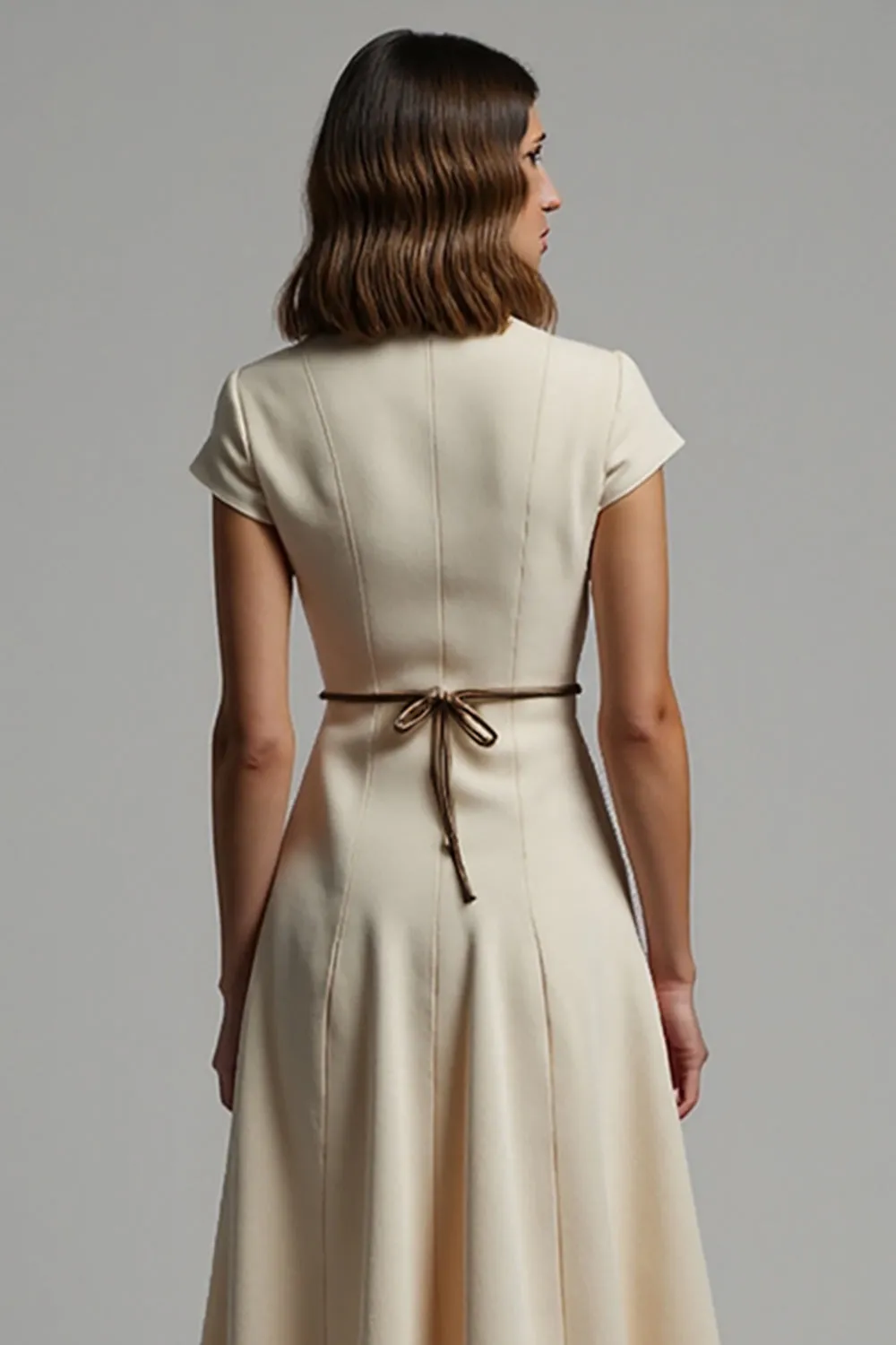 Apricot Satin Notched Lapel Midi Work Dress with Sleeves sold by Zapaka product image thumbnail 4