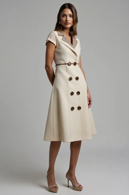 Apricot Satin Notched Lapel Midi Work Dress with Sleeves sold by Zapaka