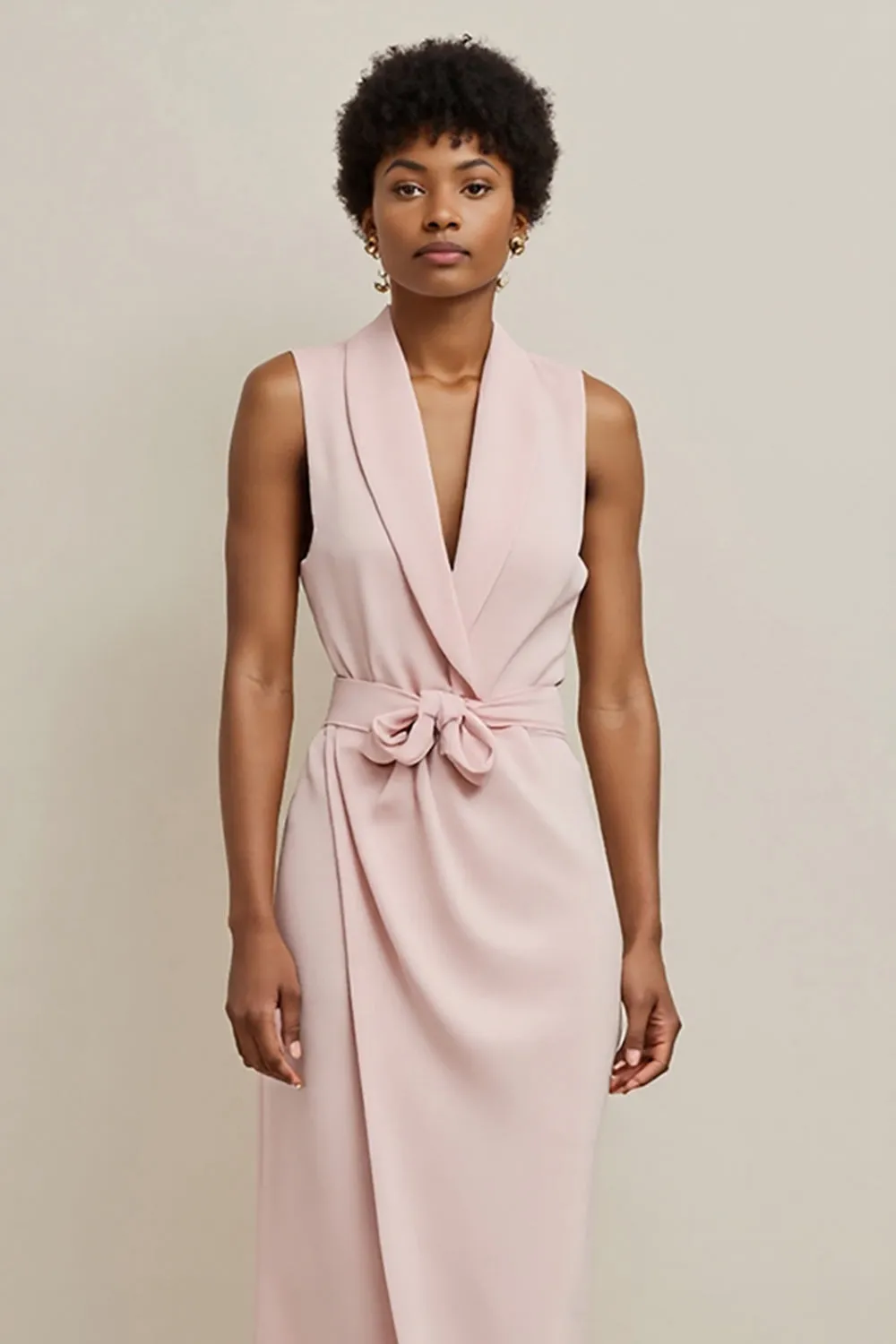 Pink Satin Shawl Lapel Bodycon Work Dress with Bow sold by Zapaka product image thumbnail 3