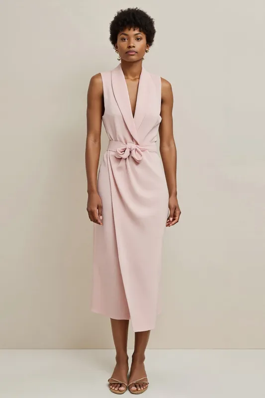Pink Satin Shawl Lapel Bodycon Work Dress with Bow sold by Zapaka