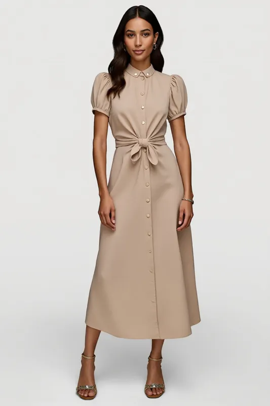 Khaki A Line Satin Midi Work Dress with Sleeves sold by Zapaka