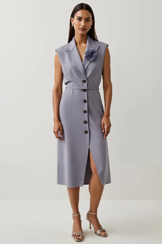 Grey Purple Satin Peak Lapel Work Dress with Slit sold by Zapaka